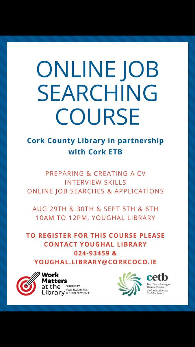 corkcolibrary's tweet photo. Cork County library in partnership with @CorkETB are commencing the attached course in #YoughalLibrary

#WorkMattersattheLibrary
#interviewskills #cvpreparation https://t.co/4VYdrBqptY