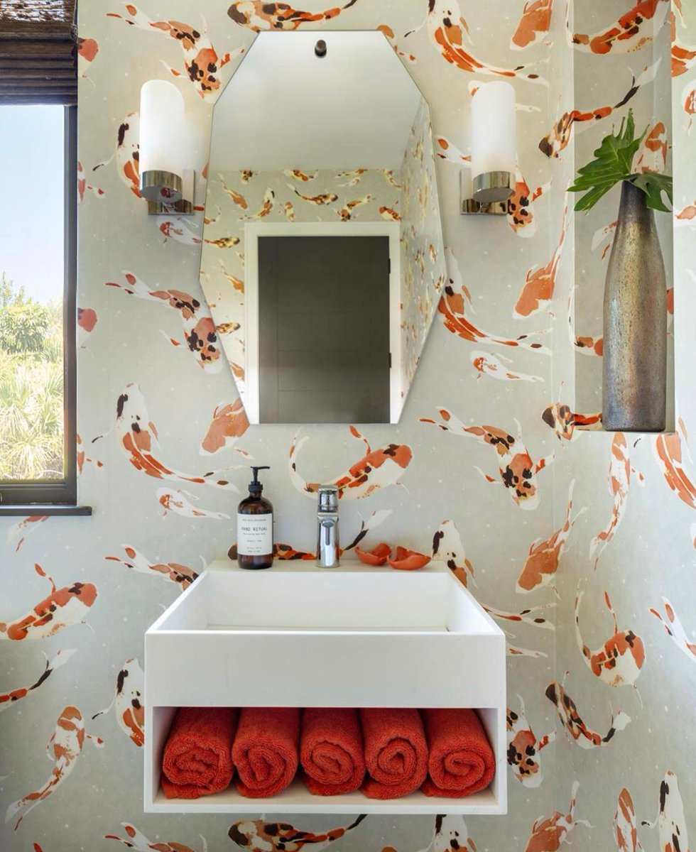 Hansgrohe Usa On Twitter Ruedurix Makes A Splash With This Nautical Bathroom Featuring Koi Wallpaper Red Accent Towels And Our Hansgroheusa Faucet Image By Reganwoodphoto Https T Co 3rewc3d8cr