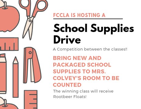 BCBraves's tweet photo. FCCLA SCHOOL SUPPLY DRIVE 
Monday, August 26 - Friday, August 30 https://t.co/hPanwIoprR