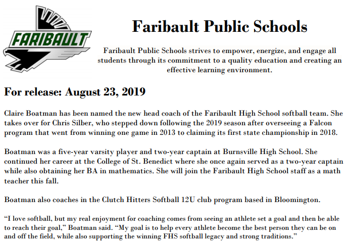 Claire Boatman has been named the next Softball Head Coach at Faribault High School. Welcome, Claire! #FalconPride