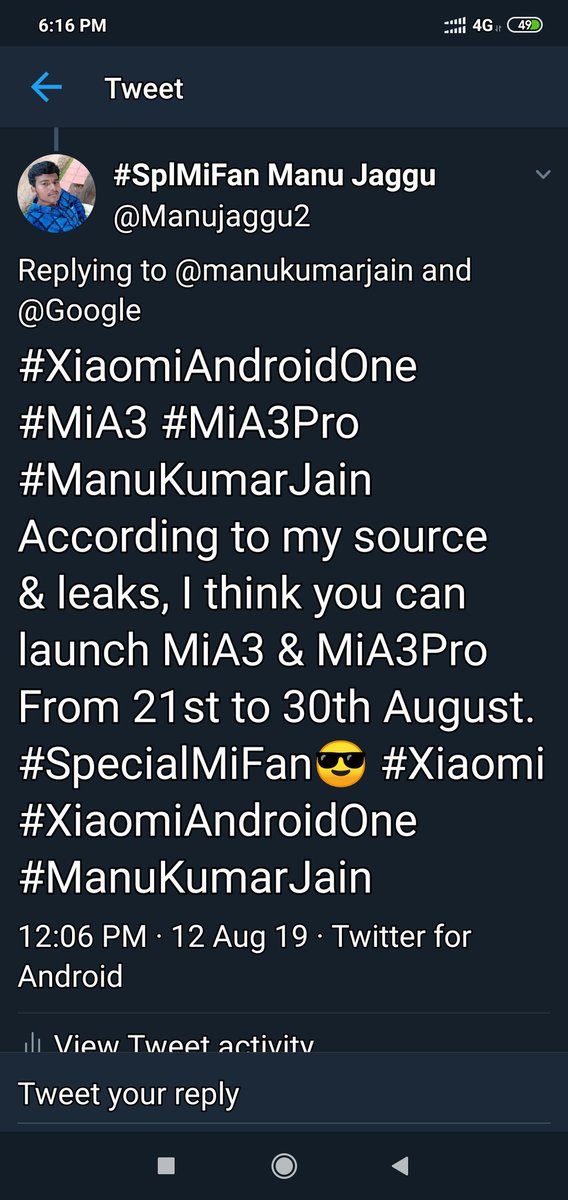 Manujaggu2's tweet photo. @manukumarjain @sree_1179 @MiIndiaSupport @XiaomiIndia When do u announce  the #MiA3_launch_Date_contest winner? I mentioned the exact date in the contest u gave on 12/aug/19. I deserved that mobile. #ManuKumarJain #MiA3 #XiaomiAndroidOne #SpecialMiFan😎 #MiA3LaunchDateContest https://t.co/vtjEz8IsGC