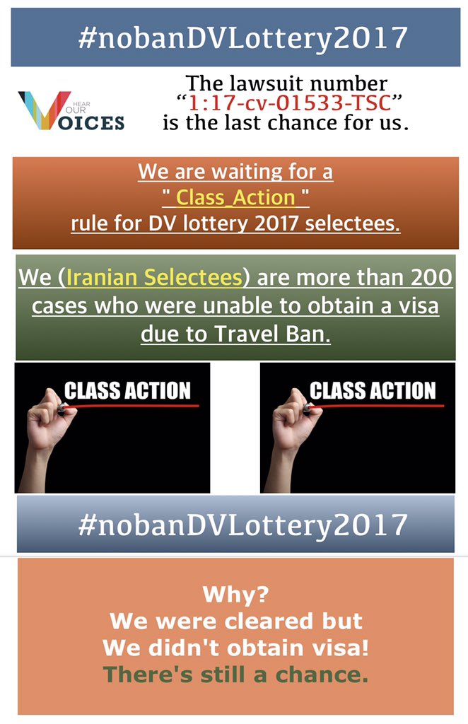 behser's tweet photo. We are still waiting for class action.
@adctweets @YolandaCRondon @OmarJadwat @ACLU
#NoBanDvLottery2017
#NoMuslimBanEver https://t.co/TUwxQS6gIH