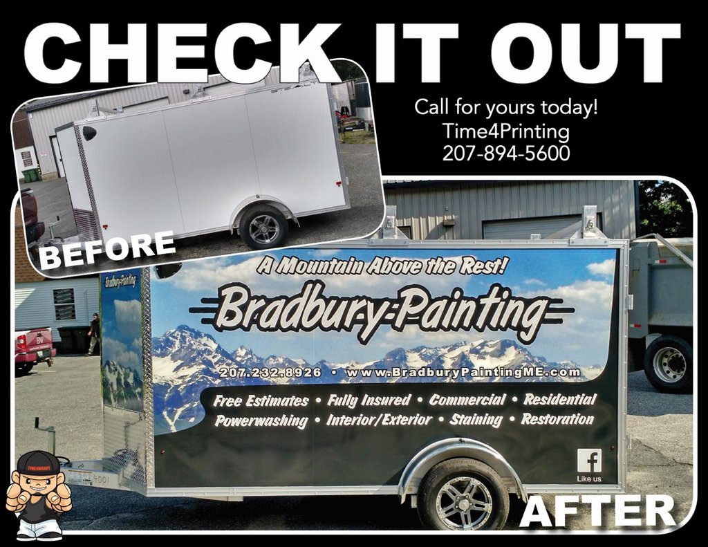 Time4Printing's tweet image. Check out the full trailer wrap we just did for Bradbury Painting - it goes really well with his van and soon to be a full fleet. Can't wait to see them all together. Let it work for you! Call to schedule your graphics 207-894-5600 #time4printing #trailerwrap #trailergraphics