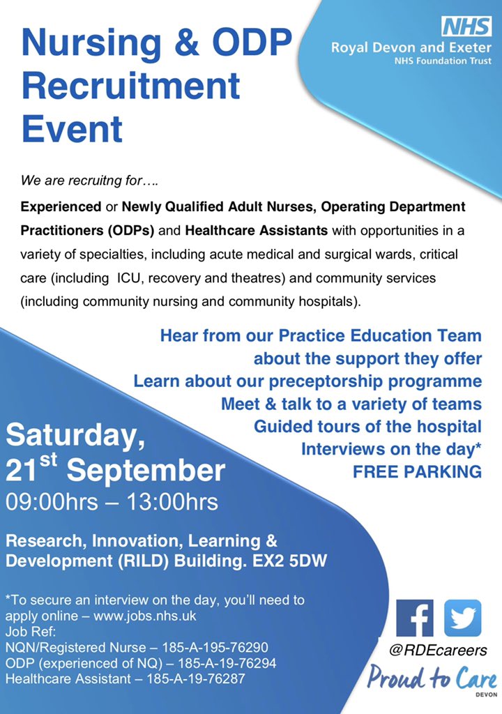 RDCareersNHS's tweet photo. Applications are now open for Experienced and Newly Qualified Nurses and ODPs! https://t.co/S59p4fHsps