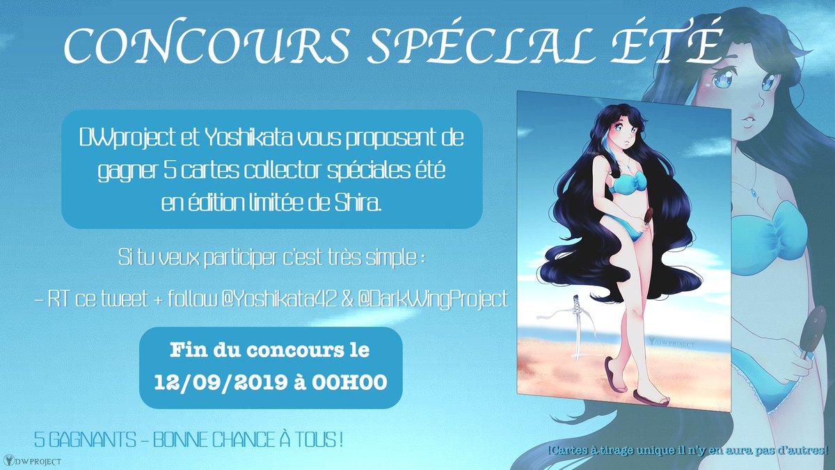 DarkWingProject's tweet photo. ☀️● Loterie De L'été ● ☀️
Afin de gagner une carte personnage #collector en édition limitée de Shira... C’est simple:
Il suffit de RT ce tweet + Follow
@Yoshikata42
&
@DarkWingProject
☀️
Fin de la loterie le 12/09, bonne chance !
#Concours #DWproject #Yoshikata #été https://t.co/NCDoVrYais