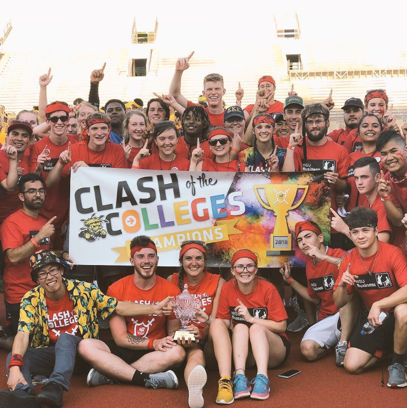 WichitaState's tweet photo. Good morning, Shockers! ☀️ It's CLASH DAY! 

 📍 4 p.m
🏟Cessna Stadium 
Clash of the Colleges 🤺
 
➡️Inflatables, relay races, water balloons, team sports and the ultimate competition between academic colleges to determine who gets the 🏆. #clash19 #wsunow https://t.co/dFhRqL6SQg