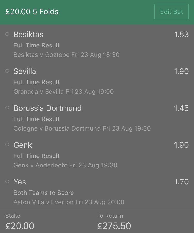 _HonestTipster's tweet photo. BET OF THE DAY β½οΈ
Β£20 returns Β£275! π°π₯
Todayβs bet of the day is as follows:
ππ½ππ½ππ½
#betoftheday #botd #bet #acca #football #footy #sundayacca #HonestTips https://t.co/27bcclJVqp
