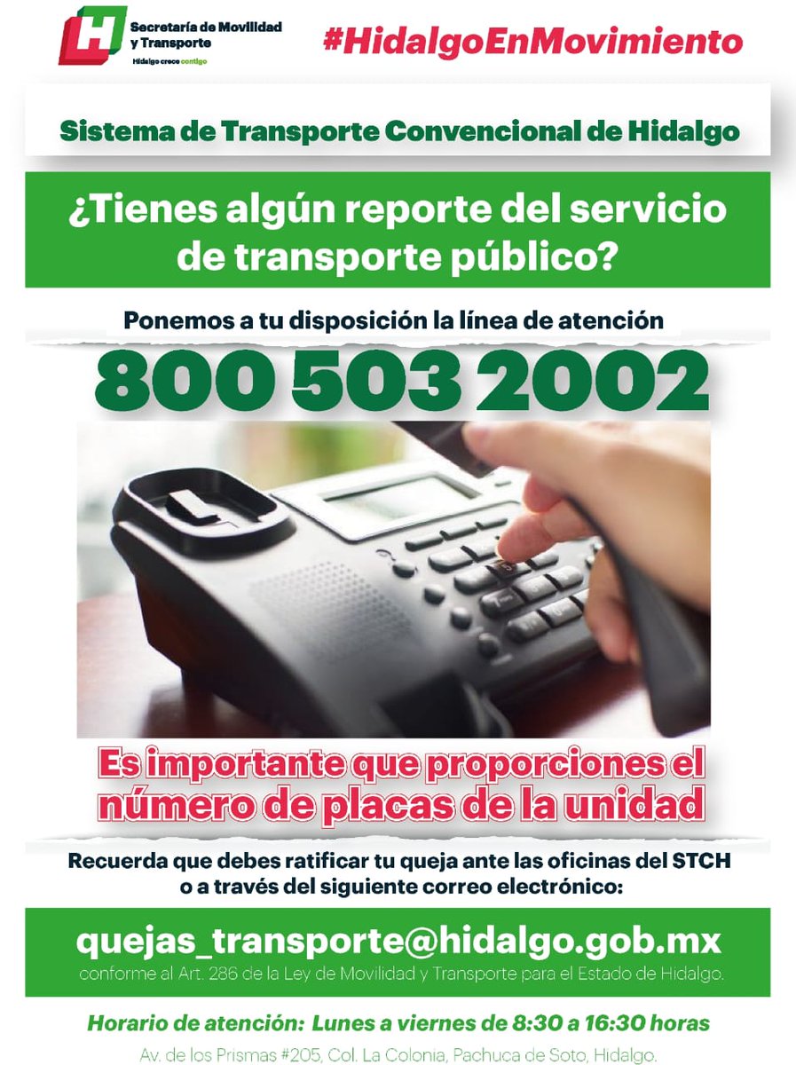 MovilidadHgo's tweet photo. ¿Tienes alguna duda, queja o sugerencia? El Sistema de Transporte Convencional de Hidalgo, pone a tu disposición su #LíneaDeAtención. 
#SemotContigo https://t.co/pRiQw7Z4Q2