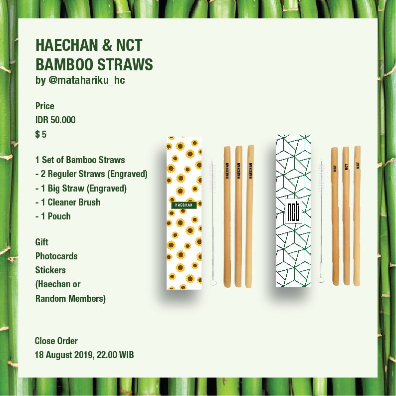 [HELP RT]

OPEN PO UNTIL AUG 31ST!

🎋 NCT & HAECHAN BAMBOO STRAW INA
by @matahariku_hc

💵 IDR 50k/set ($5)
🎁 PC & photo stickers

Item details in pic!
For order isi form ini👇
bit.ly/hcbamboo

#해찬 #동혁 #HAECHAN #NCT #NCT127 #NCTDREAM #bamboostraw