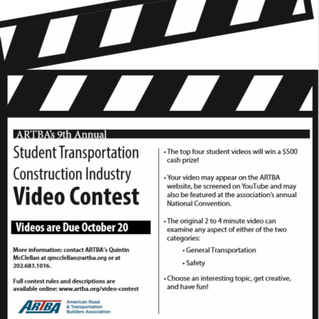 $500 Cash Prize! 🤑 <a href="/ARTBA/">ARTBA</a> is having their 9th Annual Student Transportation Video Contest. 🎬 Submit a short video about any aspect of transportation by 10/20, win the $500 and your video may be shown during ARTBA’s annual National Convention. ow.ly/OVYX50vGY4K