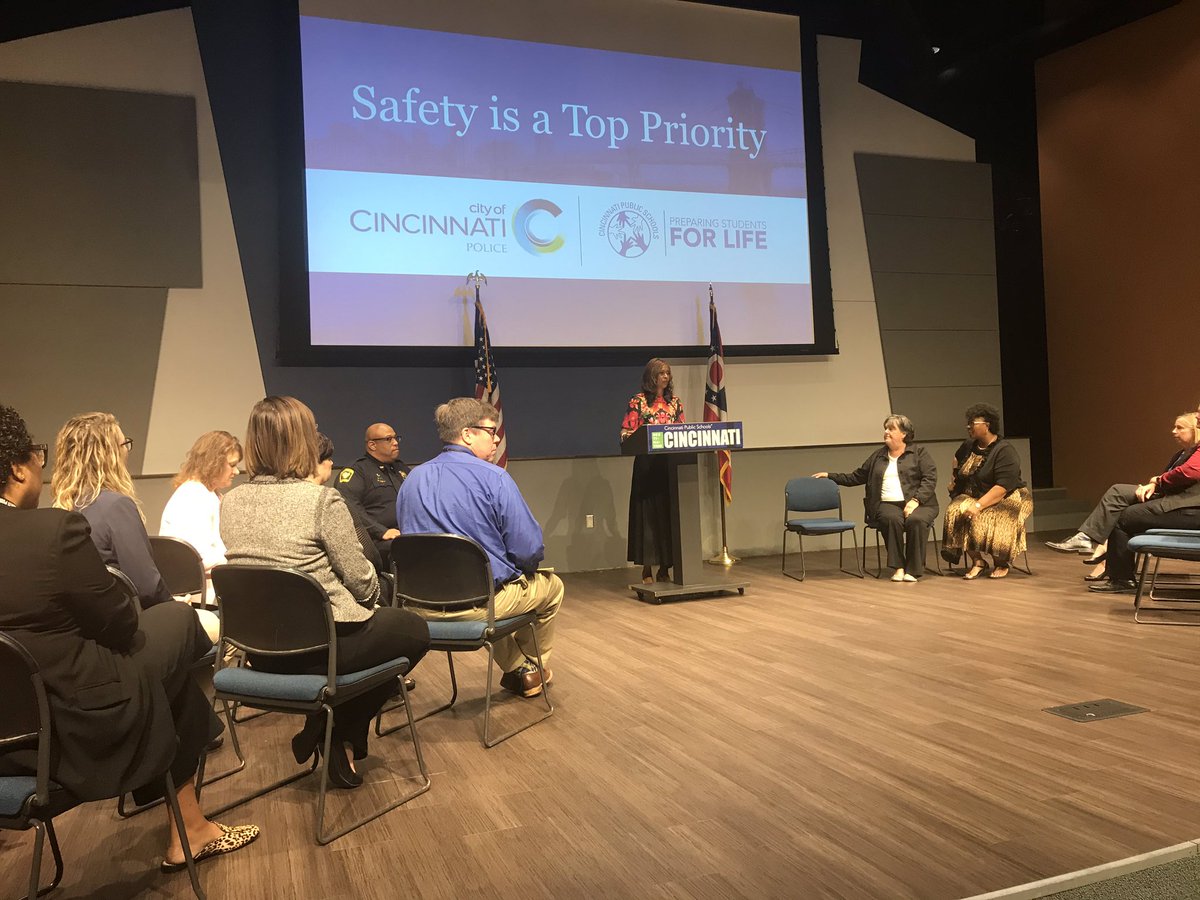CincyPD's tweet photo. @CincyPD and @ChiefEIsaac with @IamCPS Superintendent Laura Mitchell and @CincyFireEMS today sharing that Safety is a Top Priority for students and staff. #KeepingCincySafe https://t.co/sDvm4GZSsx