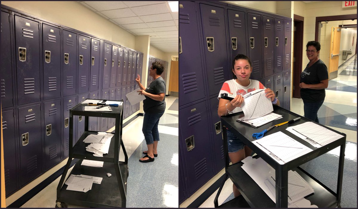 LudlowPublicSch's tweet photo. A sure sign the start of school is right around the corner is when we spy Mrs. Dobek, BMS Asst. Principal, with the help of her daughter, assigning lockers! #schoolstartsnextweek https://t.co/q1gJngz0Tx