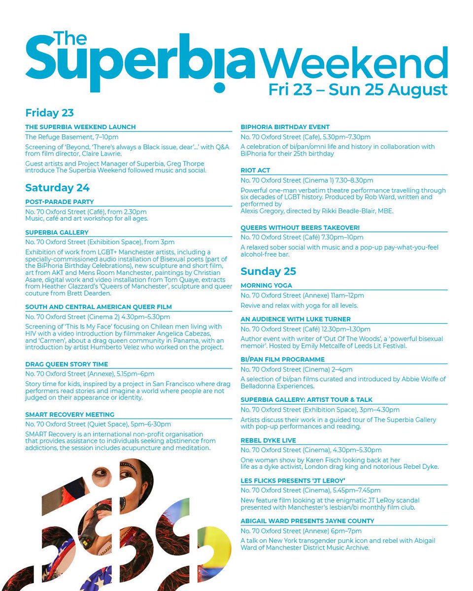 Check out this handy flyer featuring the full Superbia Weekend programme!

The Superbia Weekend kicks off TONIGHT, 7pm at The Refuge Basement! Drop by for a free screening of @msclairelawrie's 2018 documentary 'Beyond 'There’s always a Black Issue, Dear'' ❤️ 

✨ @SuperbiaMCR  ✨