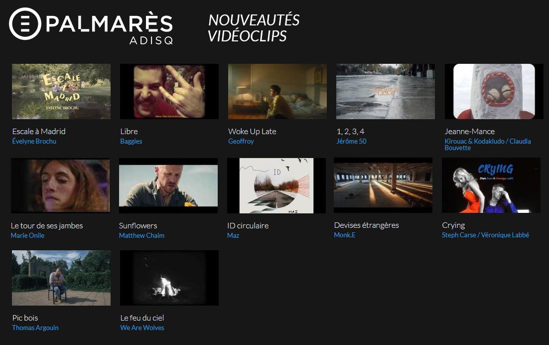 Plusieurs nouveaux vidéoclips ➡️ bit.ly/2RkGyh0

Vous pouvez écouter sur #PalmarèsADISQ les nouveaux clips de <a href="/EvelyneBrochu/">Evelyne</a>, <a href="/MarieOnile/">Marie Onile</a>, <a href="/matthewchaim/">chaim</a>, <a href="/StephCarse/">Steph Carse</a> / <a href="/veroniquelabbe1/">Véronique Labbé</a>, <a href="/thomasargouin1/">thomas argouin</a>, @wearewolvesmtl et plusieurs autres ✨