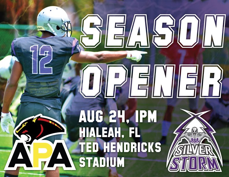 ASASilverStorm's tweet photo. There's a STORM coming β‘οΈπͺ
@ASAMiamiFB regular season opener!
π
Aug. 24
π 1pm kickoff
πTed Hendricks Stadium
π @AdvancePrepPG
πTickets $5/π for kids under 12 & ASA Miami students w/ ID
π #BeatAPA #ASAvsAPA
β #RespectOurGrind https://t.co/UirHviy3hC