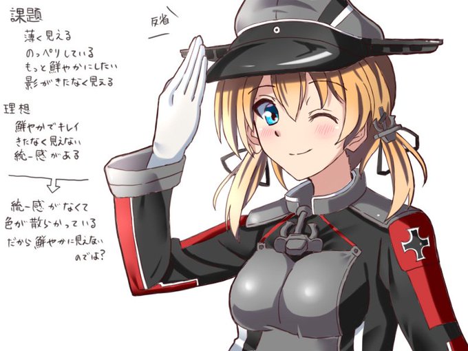 昨日のオイゲンで色実験。自分のと上手い人のを比較して、色を上手い人のに近づける実験です。統一感の表現について色々勉強になります。黒、灰色系で乗算ツールを使うときは注意しよう。 