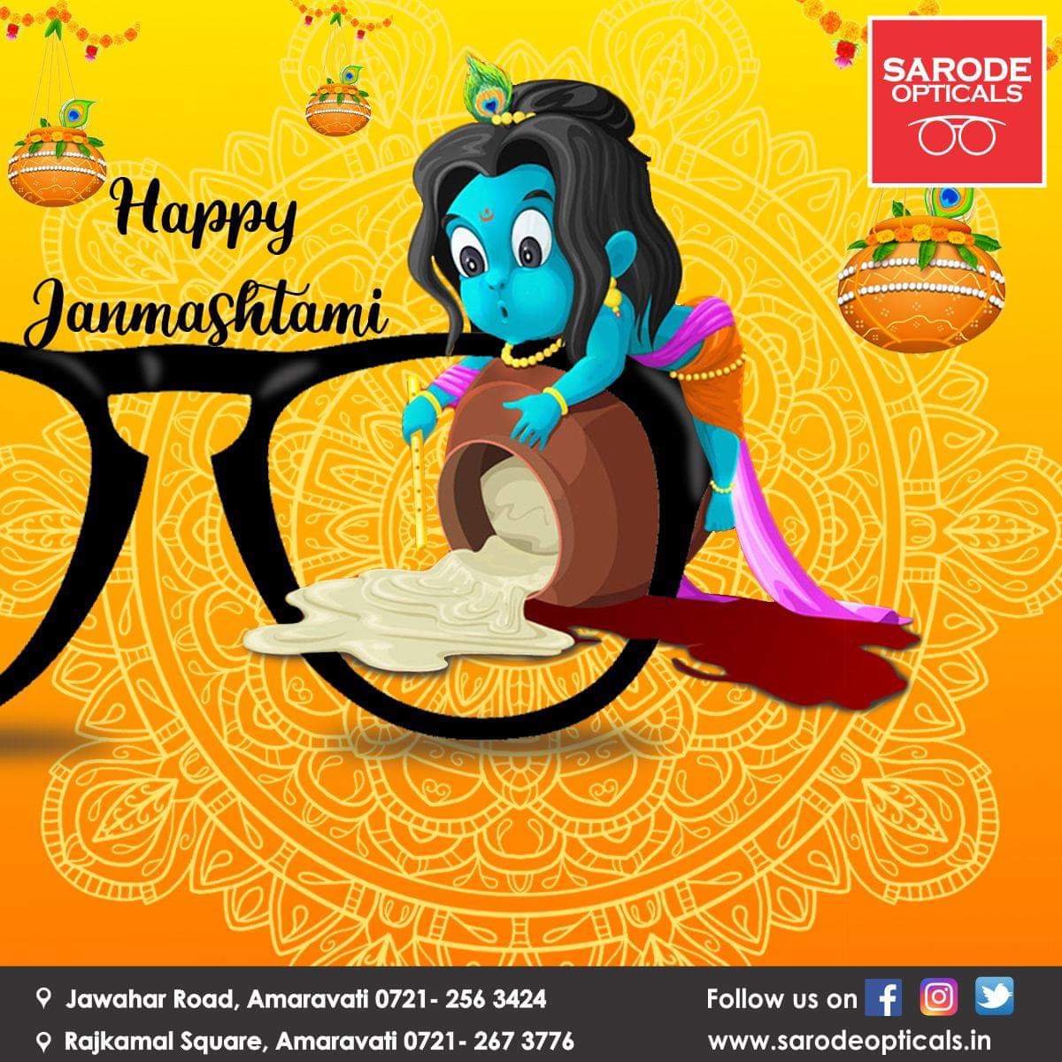 sarodeopticals's tweet image. Celebrate the birth of Lord Krishna who enchants everyone by his playful mischiefs. Happy Janmashtami to all from Sarode Opticals.

#sarodeopticals #eyesfirst #eyewear #eyecare #optics #optician #optical #spectacles #sunglasses #contactlens #vision #Amravati #HappyJanmashtami2019