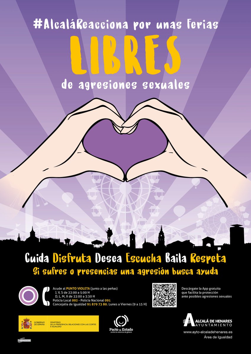💜 #AlcaláReacciona, por unas #FeriasAlcala2019 libres de agresiones sexuales

El <a href="/AytoAlcalaH/">Ayuntamiento de Alcalá de Henares</a> pone en marcha por tercer año consecutivo la campaña contra la violencia sexual

Cuida. Disfruta. Desea. Escucha. Baila. Respesta