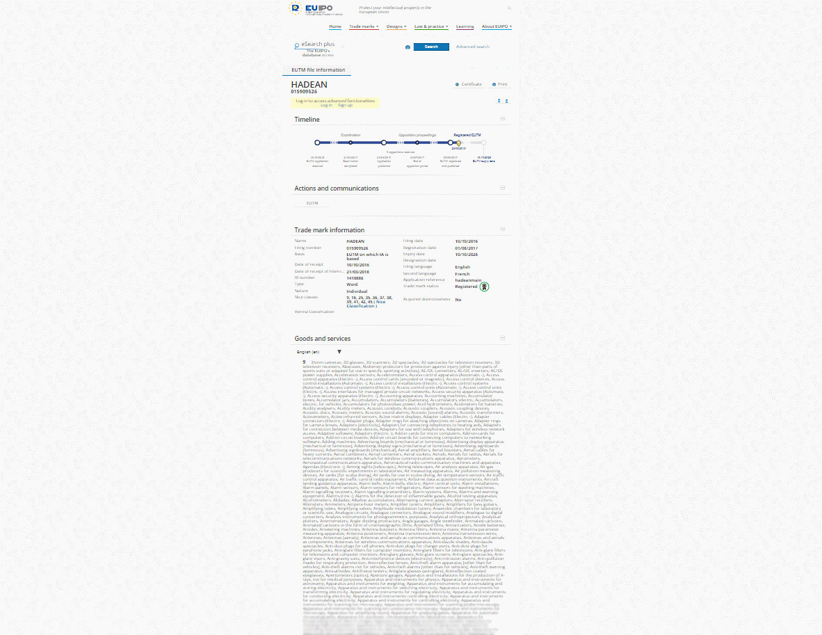 WTR_Alerts's tweet photo. (1/3) Is this the world's largest trademark application? A registered EU trademark for the term HADEAN has over 26,000 goods and services, totalling 117,775 words. https://t.co/lWJVDYG4G4