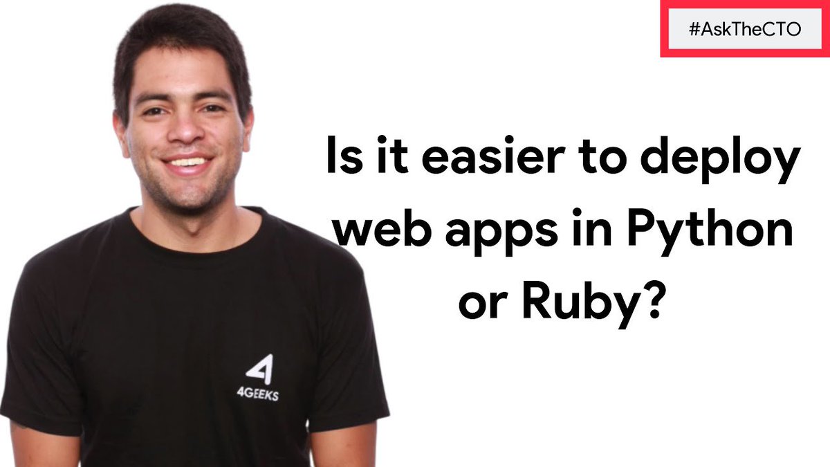 4GeeksGlobal's tweet photo. Is it easier to deploy web apps in Python or Ruby? #AskTheCTO https://t.co/xsyIZRZ3PT | https://t.co/Vj3z1eBYNh