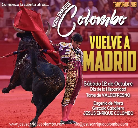 Info_JEColombo's tweet photo. 🔴 COLOMBO VUELVE A LAS VENTAS

👉 Jesús Enrique Colombo formará parte el 12 de Octubre del cartel del Día de la Hispanidad en Madrid, junto a Eugenio de Mora y Gonzalo Caballero, frente a toros de Valdefresno.

💻+ info: https://t.co/pGGIT5Zymj

⌛️¡Comienza la cuenta atrás! https://t.co/U5KuvsEqFF