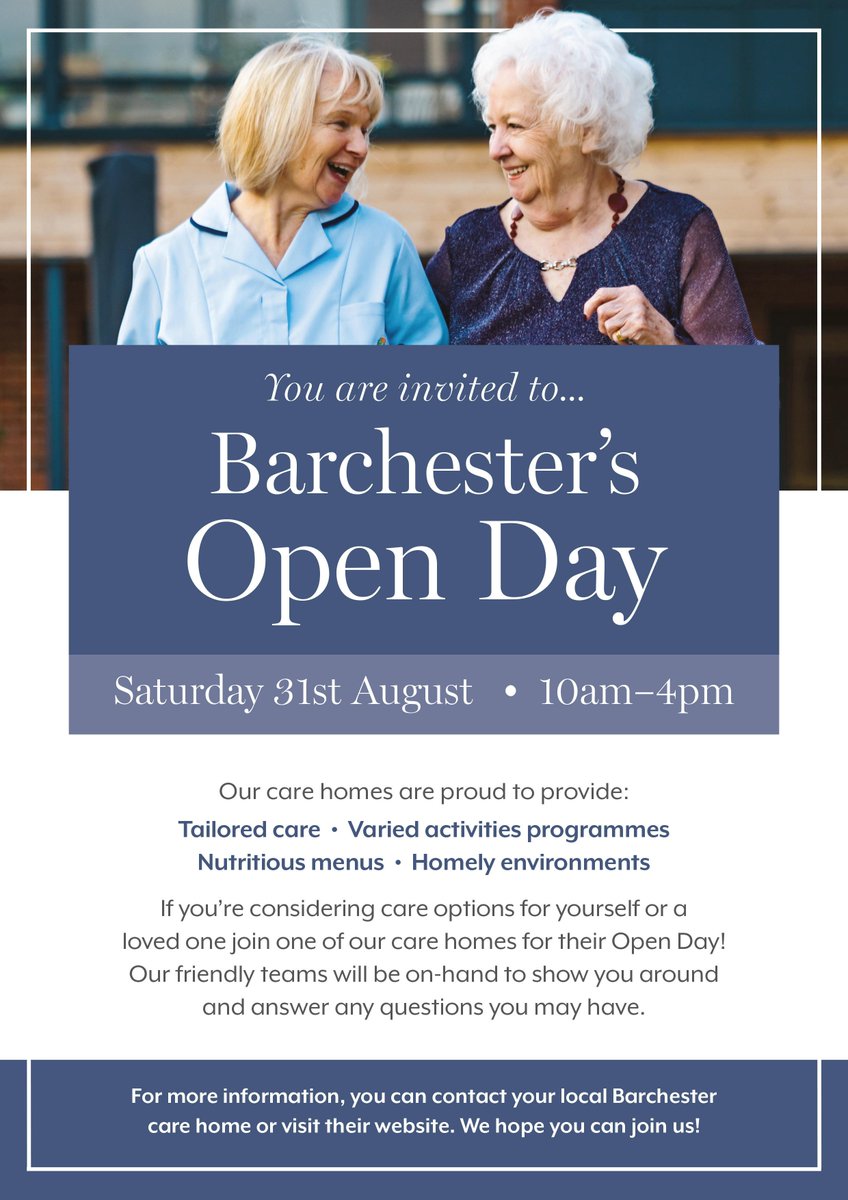 Barchester_care's tweet photo. A number of our care homes are holding Open Days on Saturday 31st August.

It will be a great chance for you to learn more about life at a Barchester care home.

Contact your nearest care home for more information: https://t.co/BI7Zi2Gvpe https://t.co/cbc0awP0xn