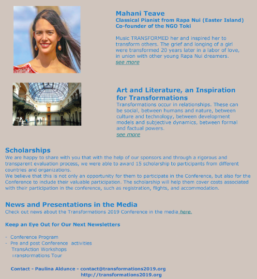 Transform2019's tweet photo. Take a look at the latest Transformations Conference newsletter where we present the artistic activities of the Conference, our keynote speakers, and so much more! Go to our website to see our newsletters https://t.co/8Zqqk0XGaj #COP25 #ClimateChange #Adaptation https://t.co/zYSIwDbJTn