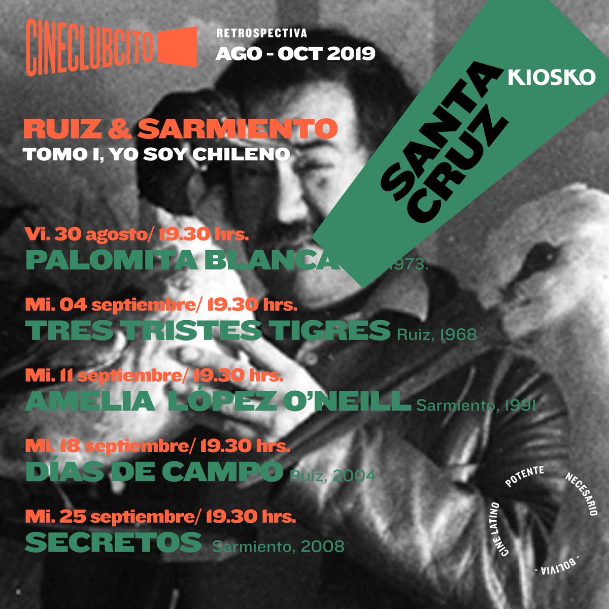cineclubcito's tweet photo. #Cineclubcito
Y aquí va la CARTELERA! Vengan y acompañennos en la #Retrospectiva2019: SARMIENTO &amp; RUIZ 

En los 5 fortines de Bolivia🇧🇴 
Reviselas-compartelas! 
Bienvenidos todes!
#SczBo #LaPaz #Sucre #Cbba #Tarija 
#Bolivia
(no sabíamos que twitter sólo permite 4 fotos, va hilo) https://t.co/X2ZXMbGRm2
