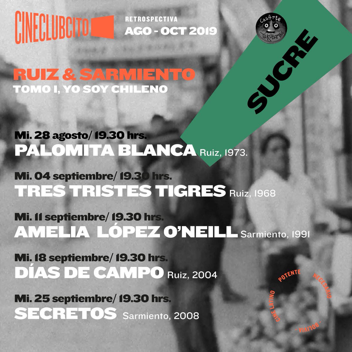 cineclubcito's tweet photo. #Cineclubcito
Y aquí va la CARTELERA! Vengan y acompañennos en la #Retrospectiva2019: SARMIENTO &amp; RUIZ 

En los 5 fortines de Bolivia🇧🇴 
Reviselas-compartelas! 
Bienvenidos todes!
#SczBo #LaPaz #Sucre #Cbba #Tarija 
#Bolivia
(no sabíamos que twitter sólo permite 4 fotos, va hilo) https://t.co/X2ZXMbGRm2