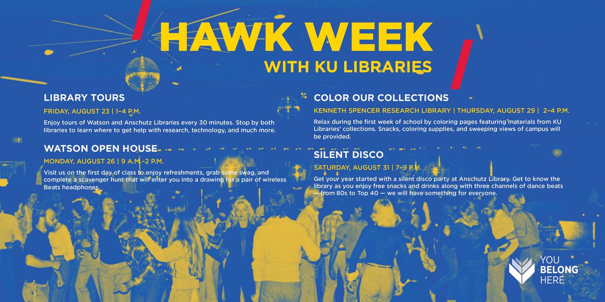 kulibraries's tweet image. Our first #HawkWeek event is today! Come by Anschutz and Watson Libraries for tours from 1-4 this afternoon! 📚