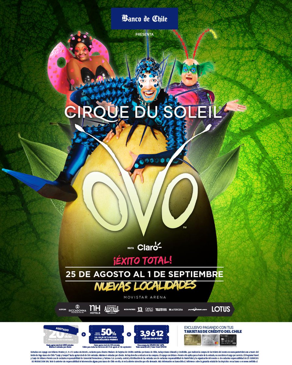 CirqueSoleilCL's tweet photo. 🌞 ¡Tremenda noticia! 🦋
.
Después de un exitoso debut en Santiago, #OvoSantiago de #CirqueDuSoleil abre nuevas localidades para las funciones desde el domingo 25 hasta el 1 de septiembre 🙌 Compra tus tickets ahora en https://t.co/fFtdEBkwYu https://t.co/PDbkD1iKr0
