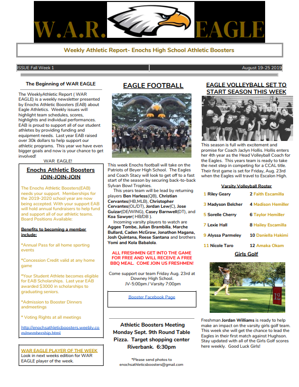 enochsofficial's tweet photo. This year the Enochs Athletic Boosters is proud to announce the first issue of the Weekly Athletic Report for all Eagle Athletics.

Here is the Fall - Week 1 Issue https://t.co/G9siviY69t
