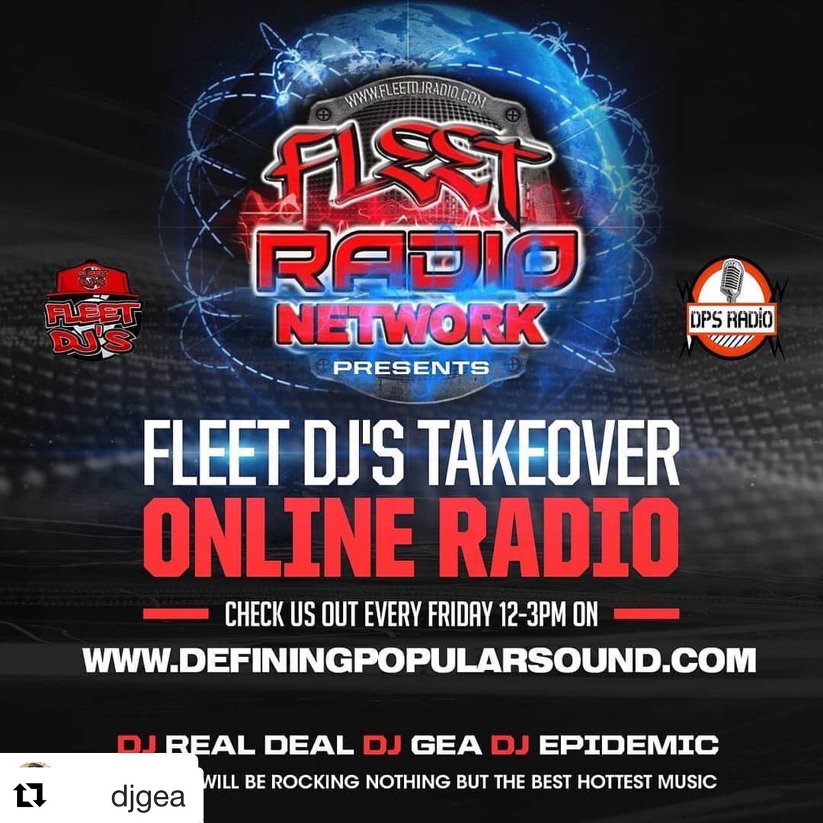 • <a href="/fleetdjs/">FLEET DJ'S</a> Every Friday 11am-2pm central and 12pm-3pm eastern  <a href="/fleetdjs/">FLEET DJ'S</a> takeover is going down  on  with @iamdjrealdeal <a href="/djgea/">francisco _gean</a> <a href="/djepidemic/">Roland Samuel</a>  Listen on definingpopularsound.com we taking over #wetakingover #wetakingoveryourstataion #fleetdj#fleettakeover @fleetradionetwork