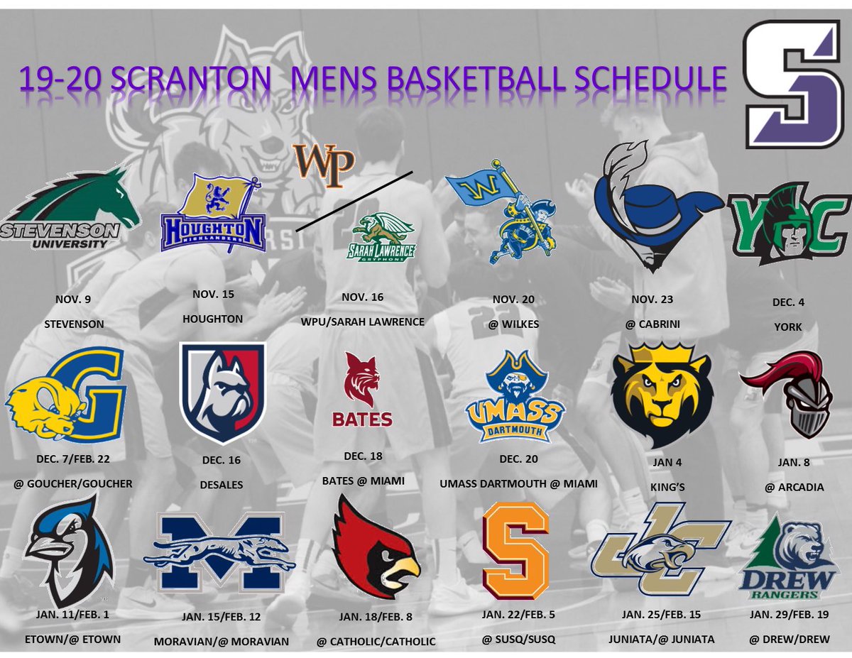 Scranton_MBB's tweet photo. 2019-2020 Season Schedule! 14 Home Games in The John Long Center! Hope to see you here! 😈🏀
#TheBrotherhood #GoRoyals #HereComesScranton @RoyalAthletics @LandmarkConf https://t.co/i2EEQ890rK