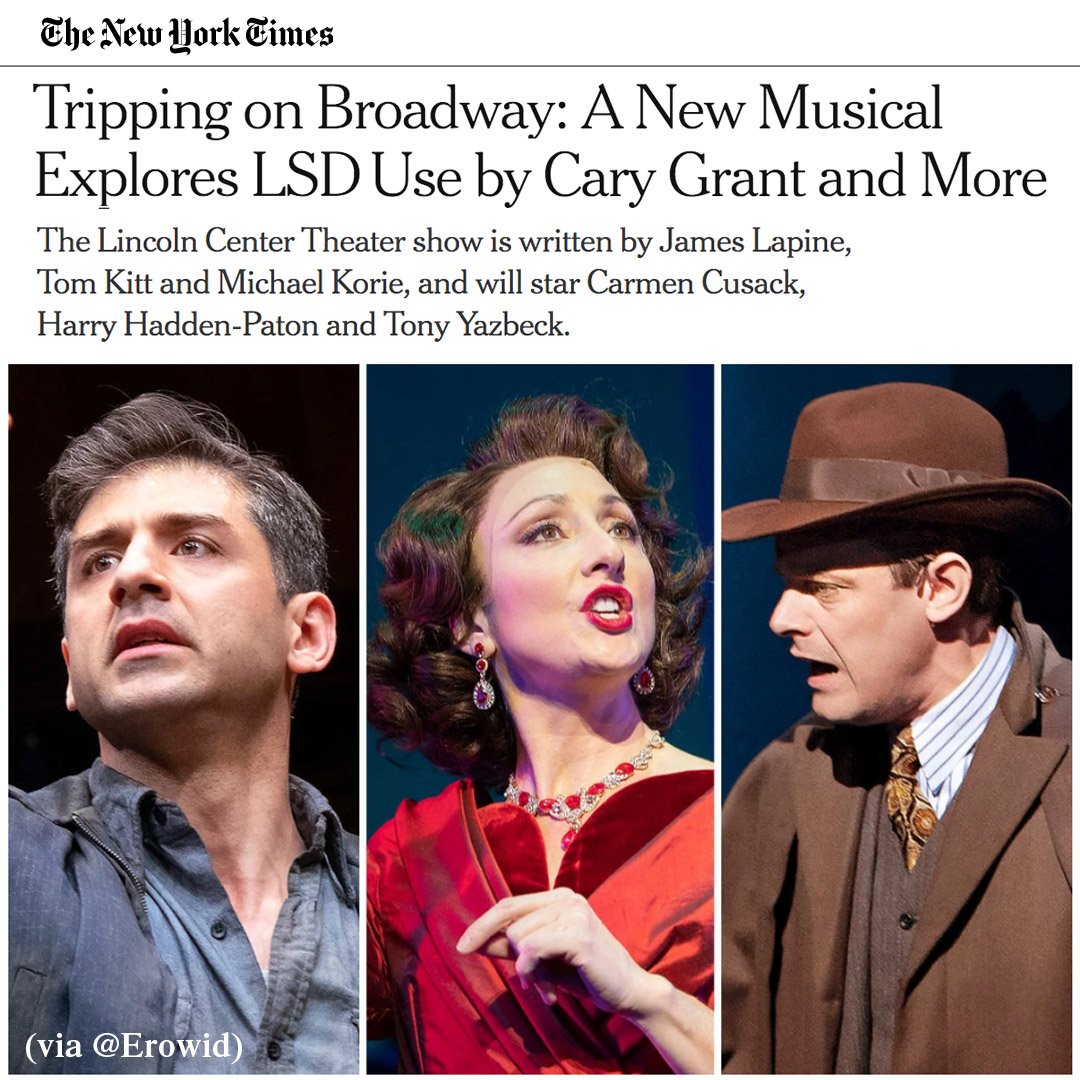 Erowid's tweet image. Here's an amusing one. There's a new broadway show coming soon about the use of LSD by Aldous Huxley, Clare Boothe Luce, &amp;amp; Cary Grant. Apparently it has tap dancing! The times, they are a-changing.
*
nytimes.com/2019/08/20/the…
*
#Erowid #LSD #Media #AldousHuxley #CaryGrant