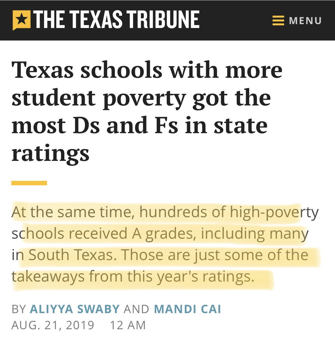 LJMoreno's tweet photo. @DrMattGutierrez @TexasTribune “At the same time, hundreds of high-poverty schools received A grades, including many in South Texas. Those are just some of the takeaways from this year's ratings.” https://t.co/OtReLDFAtf