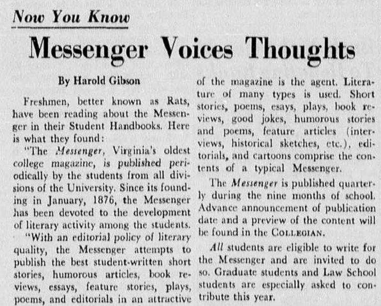 URraceproject's tweet photo. Today on the blog: #TeamArchive's Gabby Kiser found a lot of racist writing in @urichmond's student lit magazine while creating an exhibit around students of color writing for The Messenger. What does this mean for the literary quality of the publication? https://t.co/vk7bR6CgLA https://t.co/f5g3gwQSHs