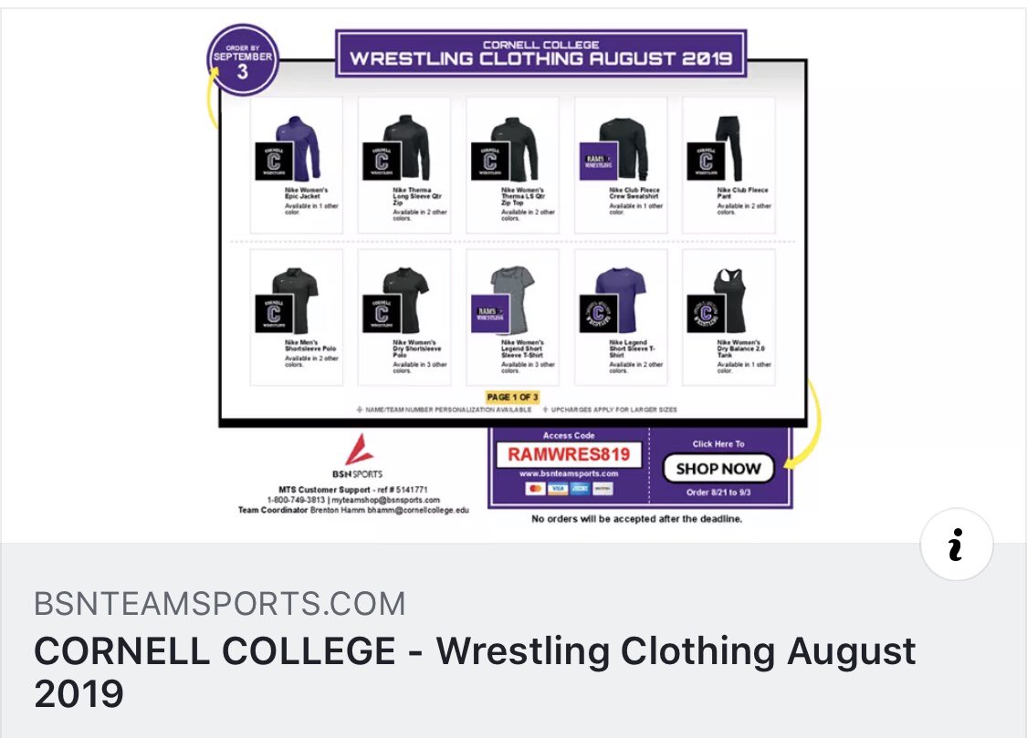 Cornell Wrestling fans, it’s that time of the year! Our fan gear site is officially live. Be sure to get our latest edition before it’s too late. Store closes September 6! 

bsnteamsports.com/shop/RAMWRES819
