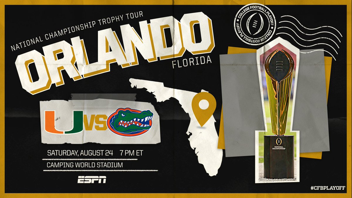 It’s officially game day! 🙌

Help us kick off the 2019 college football season and spot the #NationalChampionship trophy at the #CampingWorldKickoff between <a href="/CanesFootball/">Miami Hurricanes Football</a> and <a href="/GatorsFB/">Florida Gators Football</a>!

#CFBPlayoff 🏈🏆