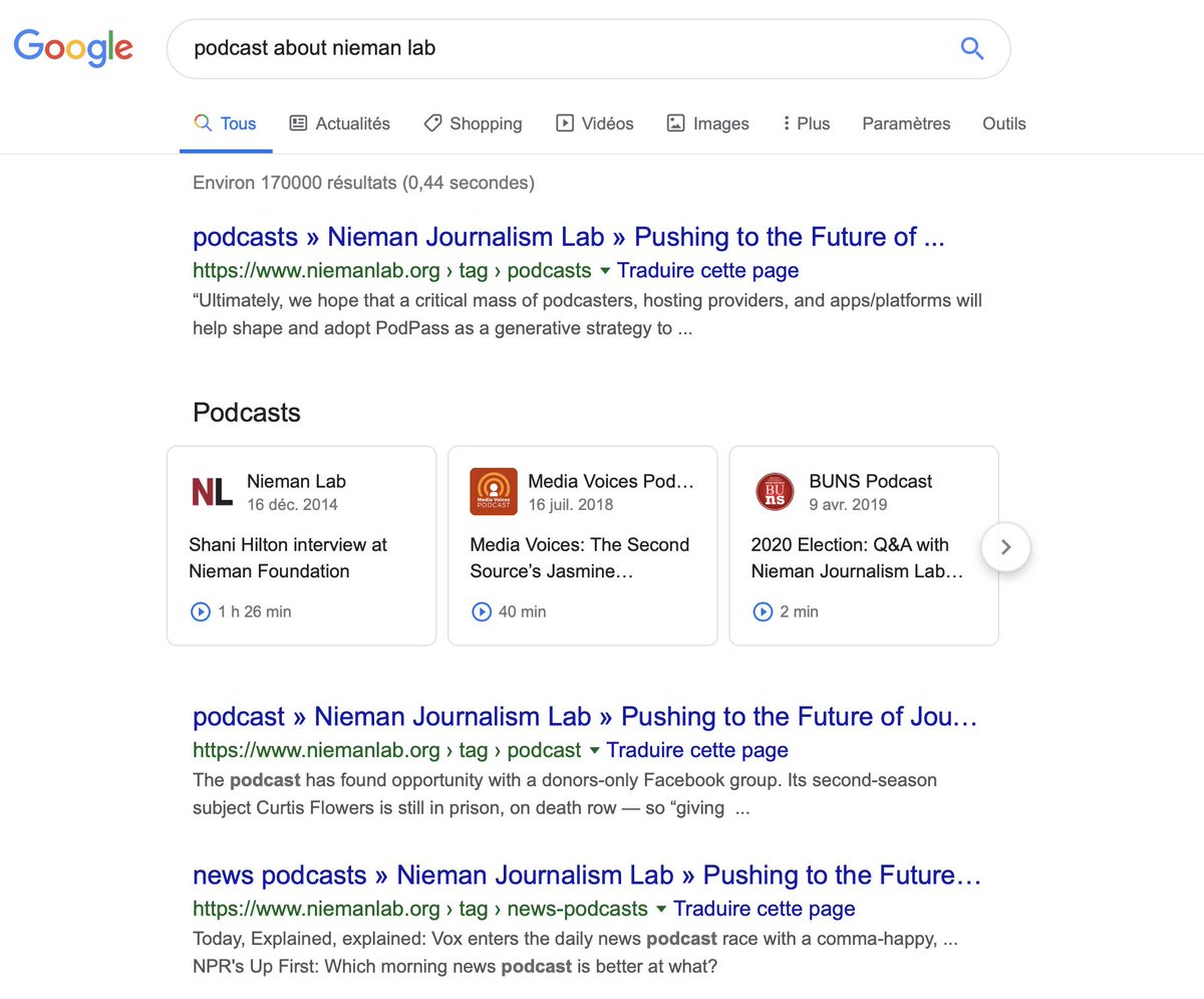 Depuis peu, vous pouvez écouter des #podcasts directement à partir de Google Search. Cela fonctionne pour les contenus anglais et les recherches aux États-Unis. Un coup dans la guerre des plateformes ? bit.ly/30vKEHB