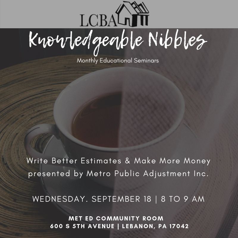 lebcobldrs's tweet image. Introducing our third "Knowledgeable Nibbles" - our monthly educational seminars! Our presenter is Galen Krebs from Metro Public Adjustment Inc. on how to write better estimates &amp;amp; make more money! #knowyourstuff #educationnation #LCBA #Makemoremoney