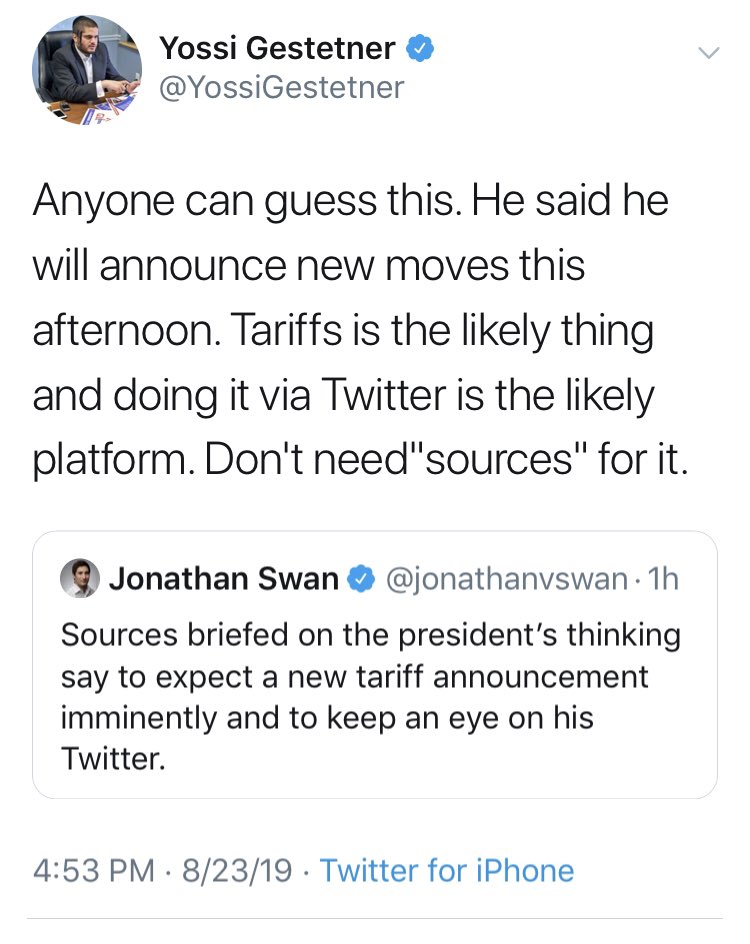34/ Trump tweeted today AM that later he will announce counter measures on China. This likely meant Trump would tweet new tariffs. In stepped Jonathan Swan to report from "sources" late afternoon that Trump would do it. Trump did it and some think Swan had sources on this guess.