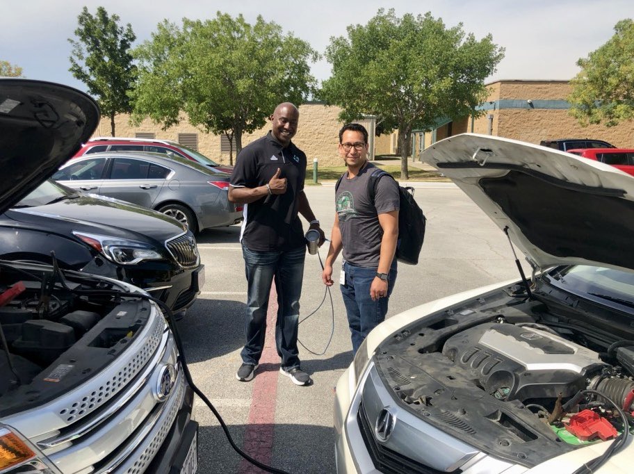 Shout-out to Eric &amp; Hector for helping me out with a dead battery without a second thought on an August Friday afternoon and to Nicki for lending her car! It was close, but I still made it to school pick up by 4. Whew! <a href="/Carrollisd/">Carroll ISD</a> #SAFEdragon