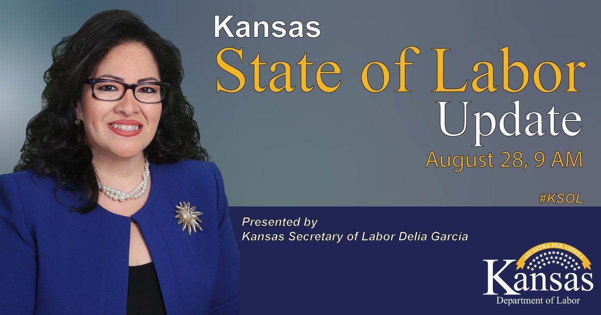 KansasDOL's tweet image. Wednesday, August 28, watch Sec. Delía García give the first official Kansas State of Labor Address on our Facebook page.

facebook.com/KansasDOL/

#KSDOL #KSOL #ksleg