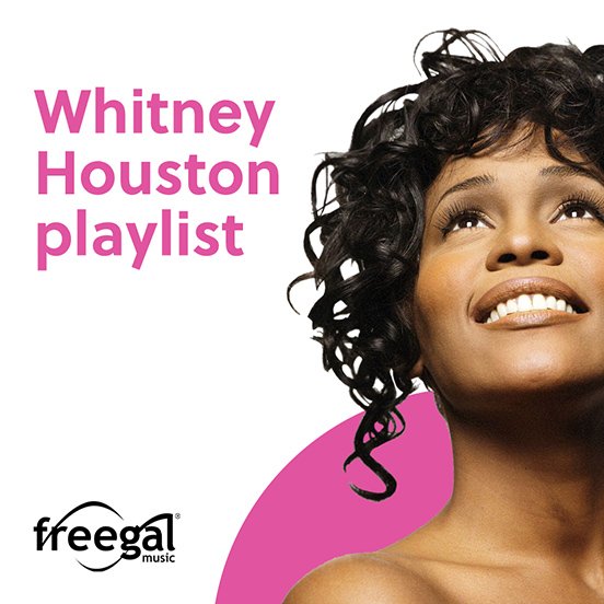 a photograph of Whitney Houston looking up and smiling with a pink background