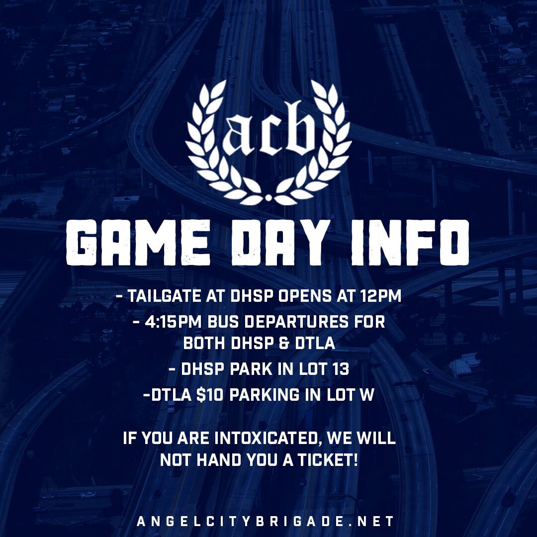 ACBrigade's tweet photo. Buses depart from DTLA & DHSP at 4:15 PM respectively! Details will be emailed tonight. Shoot us a dm tomorrow if no email received! Tailgate at DHSP starts at noon! Pregame DTLA @ Tomโs Urban! #LAGalaxy #WhiteOutLA ๐โช๏ธ๐ https://t.co/yy6xiHMrFp