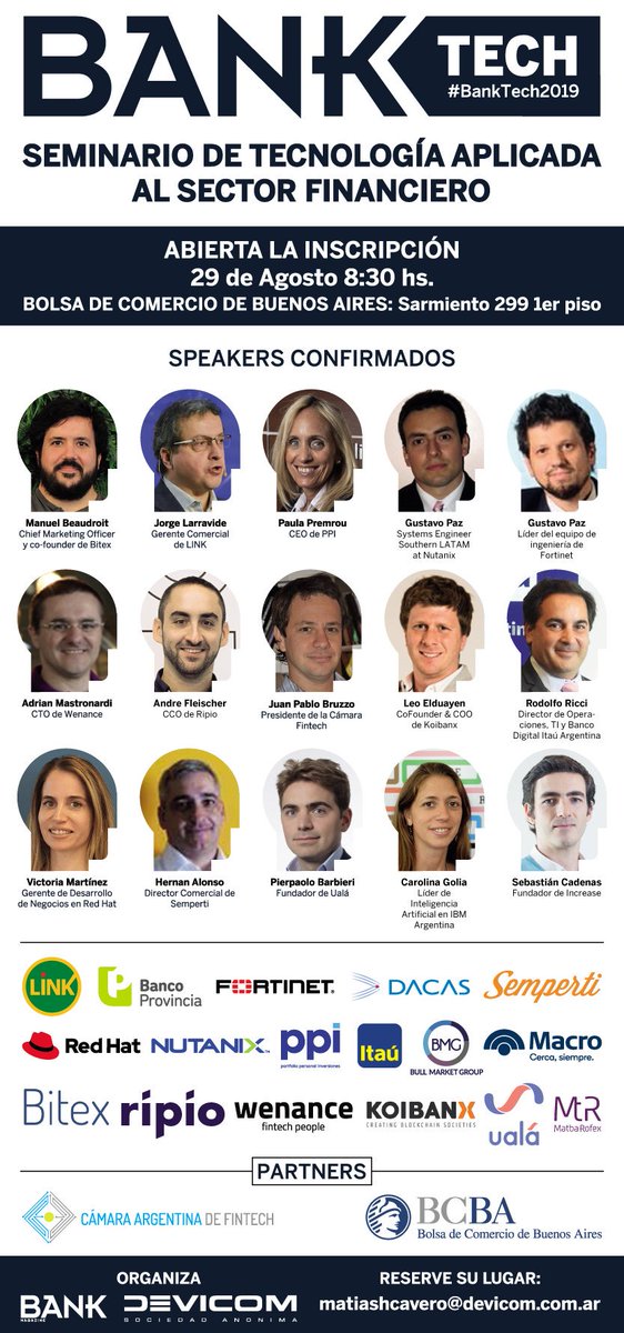 bankmagazine's tweet photo. Seminario de tecnología aplicada al sector financiero
🗓 29 de Agosto 8:30 hs.
👉 Inscripciones: https://t.co/FuI5vD7OuH… 
📍 Bolsa de comercio de Buenos Aires: Sarmiento 299
💻 https://t.co/7egFPMqJ0Y 
#BankMagazine #BankTech2019 #SeminariosBank https://t.co/4pPGzqlXnS