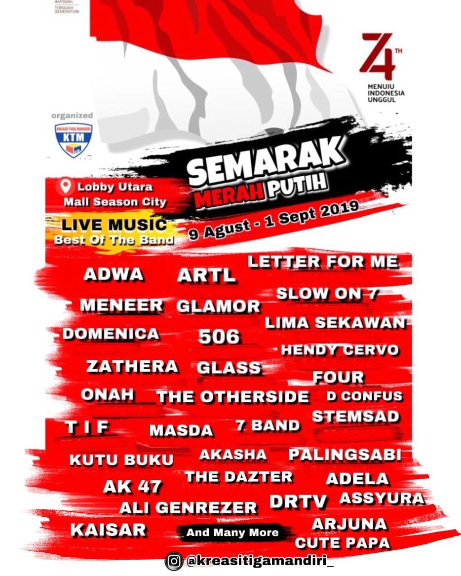 Sampai ketemu ya hari ini 
Sabtu, 24 agustus 2019 bareng @letterforme_jkt di Mall Season City, Jakbar (Lobby Utara) 
On stage pkl 20.00pm

Htm: Free Entry