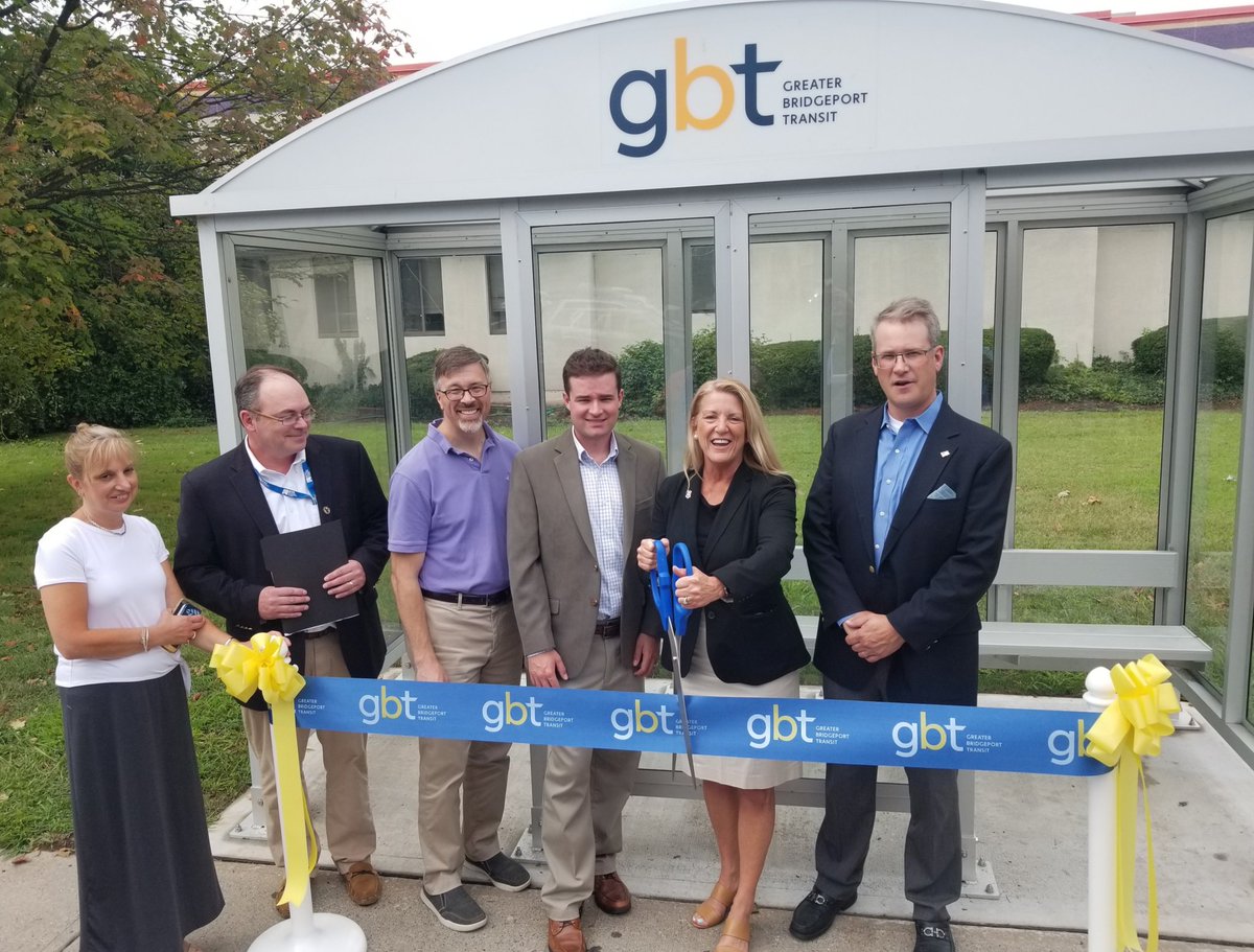 CT_MetroCOG's tweet photo. Thank you to @goGBT for inviting MetroCOG to their bus shelter ribbon cuttings in Stratford and Fairfield today.  Sheltered bus stops are critical to expanding ridership and improving the transit experience. https://t.co/WzVb7kk36w