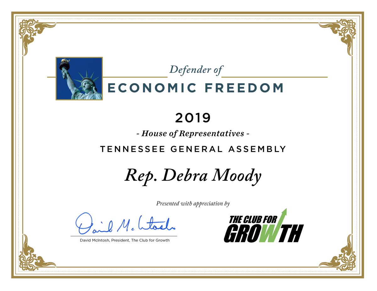 club4growth's tweet photo. .@RepDebraMoody is #1 among @TNHouseReps on the @CFGFoundation 2019 Tennessee State House Scorecard! She is awarded the #DefenderOfEconomicFreedom award for consistently standing up for taxpayers in TN!🏆
See scorecard: https://t.co/eB0BFqk80d
#TNleg #TNGOP @TNGOP @tnhousegop" https://t.co/ZxLp96YjUe